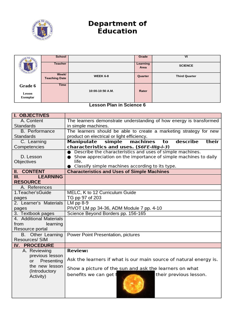 Lesson Plan in SCIENCE 6 LP Q3W6-8 | PDF