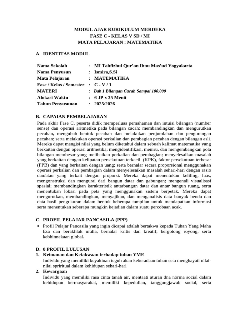 Modul Ajar Matematika Kelas 5 Bab 1 (Modulguruku - Com) | PDF