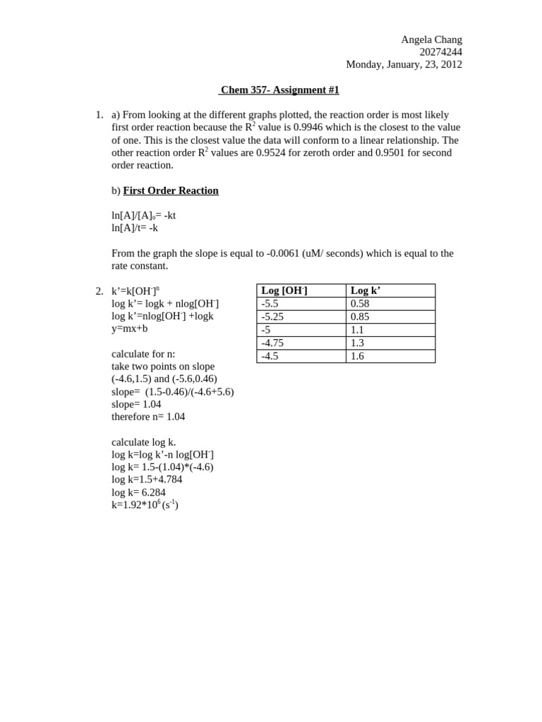 CHEM 357 Assignment 1 | PDF