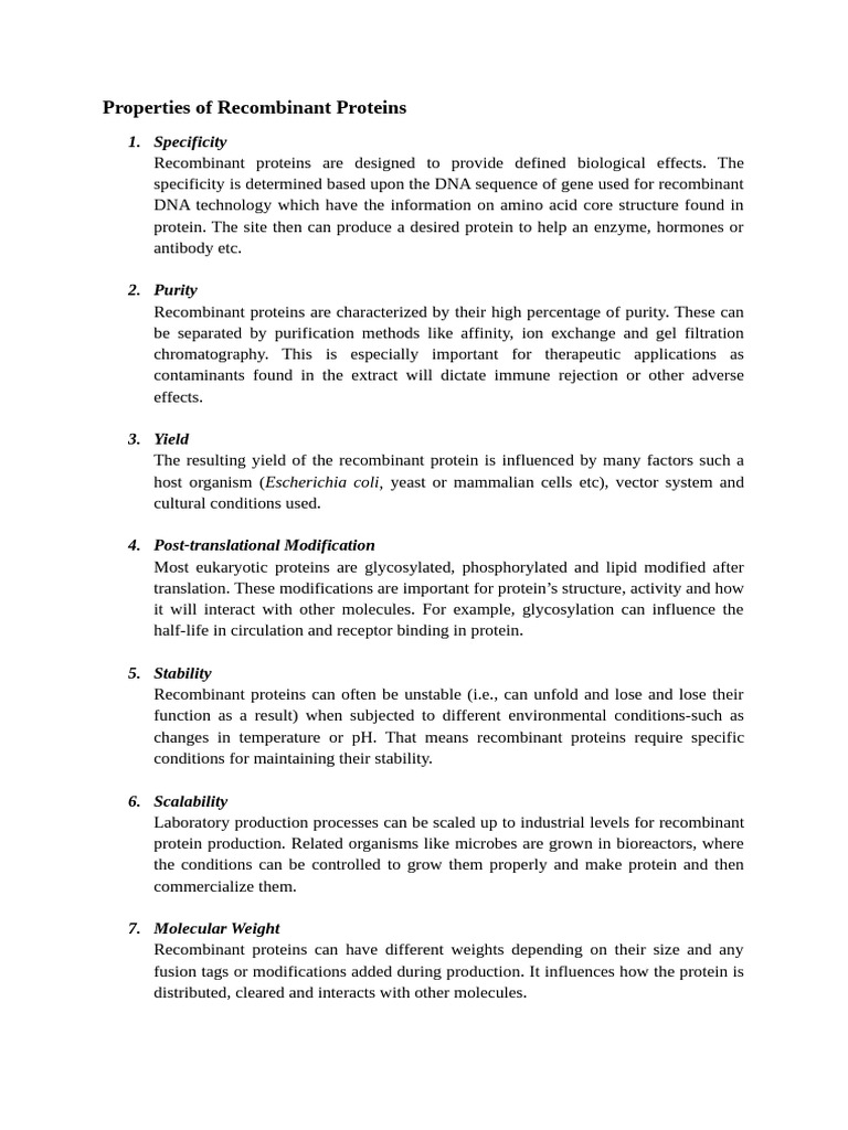 Properties of Recombinant Proteins | PDF | Proteins | Recombinant Dna