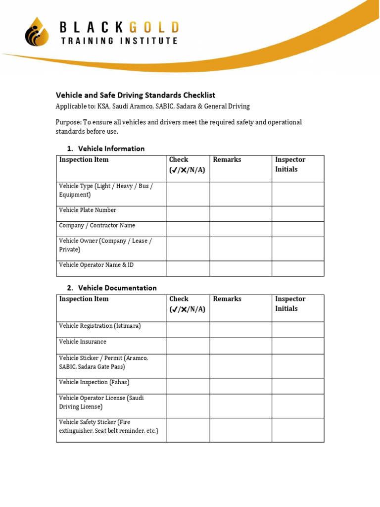Vehicle and Safe Driving Standards Checklist | PDF | Vehicles | Driving