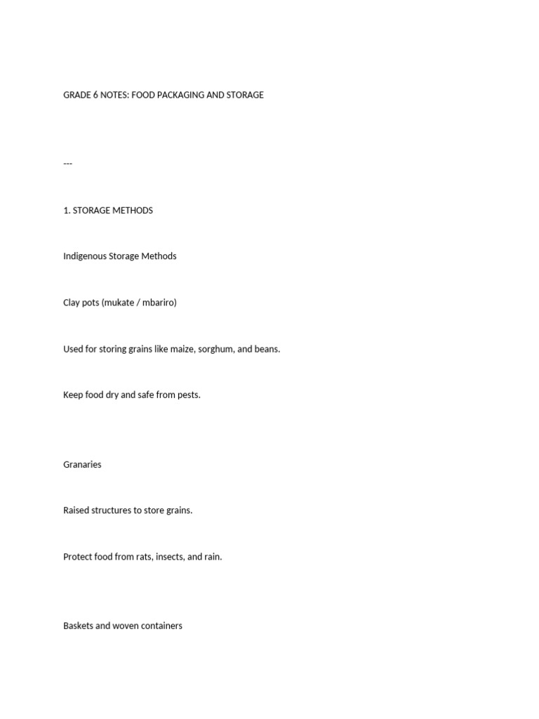 GRADE 6 NOTES Food Packaging | PDF | Food Storage | Vegetables