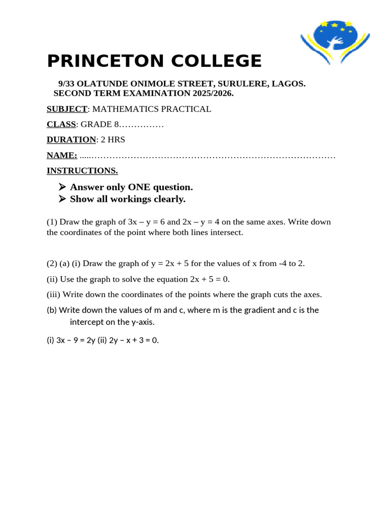 Princeton College Grade 8 Maths Practical | PDF