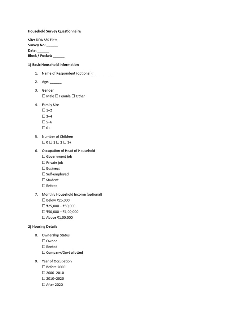 Household Survey Questionnaire | PDF