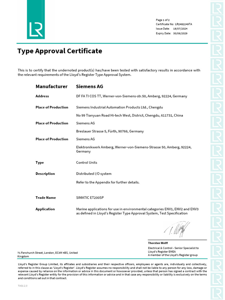 Type Approval Certificate LR2482249TA | PDF | Legal Liability