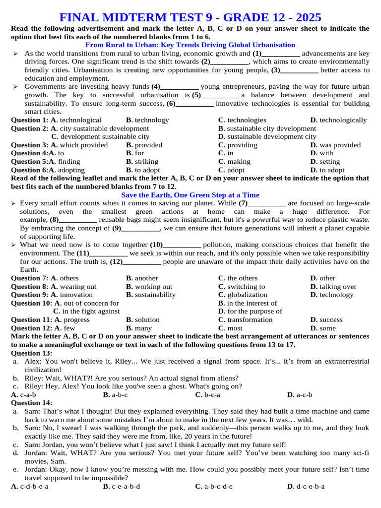 First Semester Final Exam TEST 9 - GRADE 12 - 2025.Docx Giải Chi Tiết ...