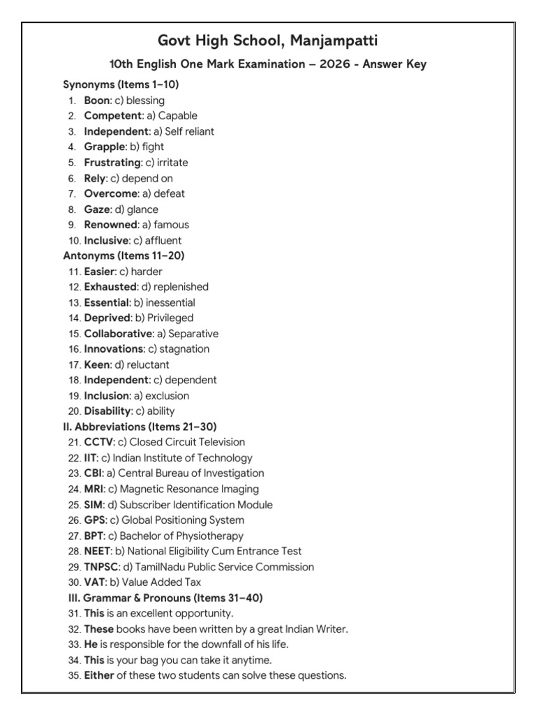 English One Mark Test - 10th - Answer Key | PDF