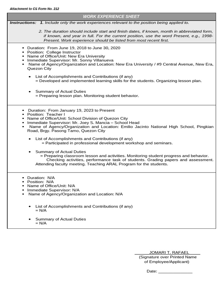 ANNEX H 2 CS Form No. 212 Attachment Work Experience Sheet | PDF ...