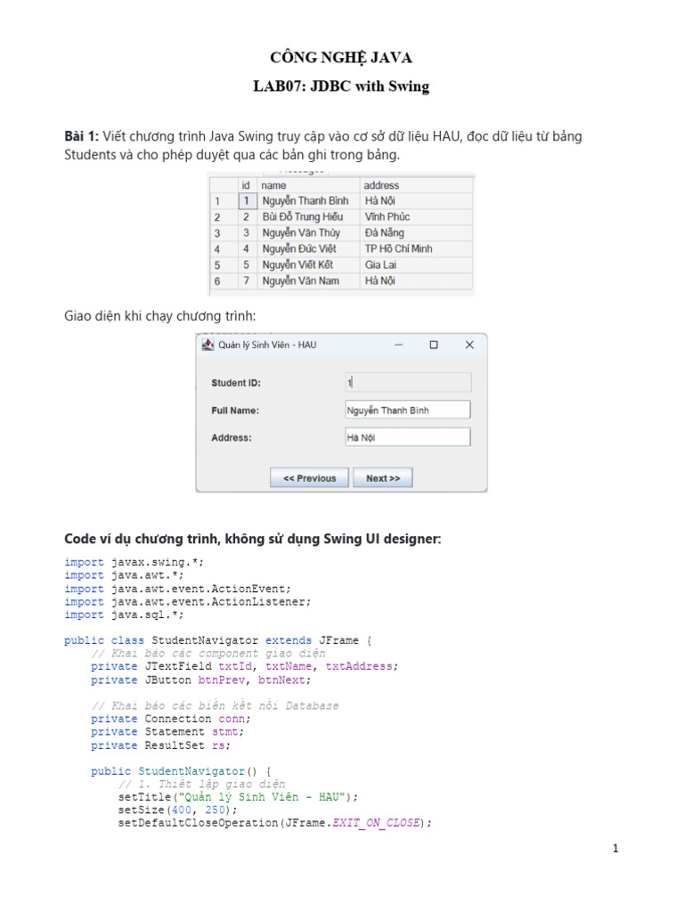 Lab07 - JDBC With Swing | PDF
