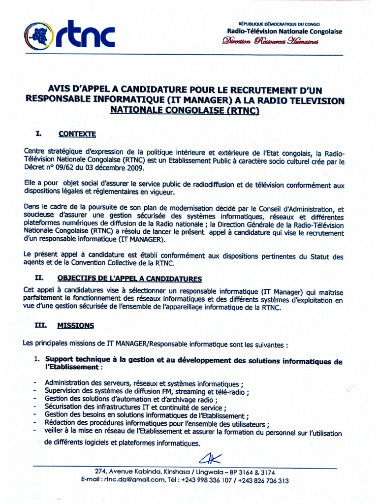AVIS D'APPEL A CANDIDATURE POUR LE RECRUTEMENT D'UN IT MANAGER À LA ...