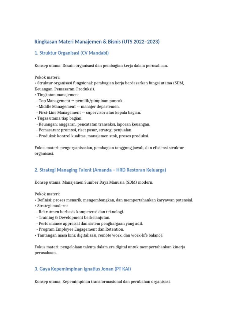 Ringkasan Soal UTS Manajemen & Bisnis Tahun 2022-2023 | PDF
