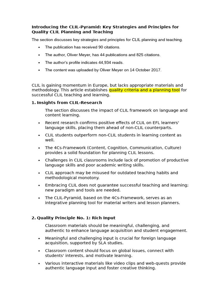 Introducing The CLILPyramid Key Strategies and Principles For Quality ...