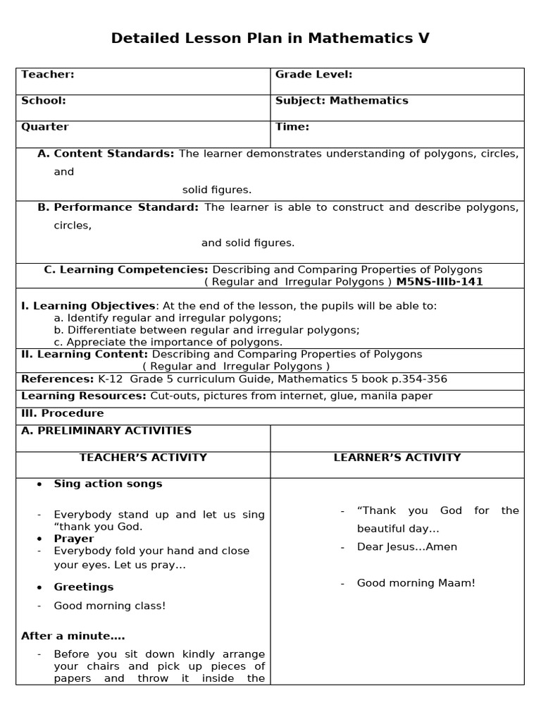 Detailed Lesson Plan in Mathematics V | PDF | Polygon | Lesson Plan