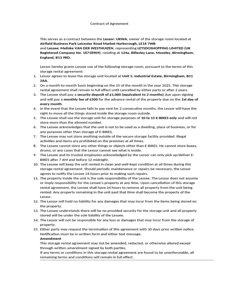 Contract of Agreement Storage Facility 2019 Blank | PDF | Lease | Civil ...