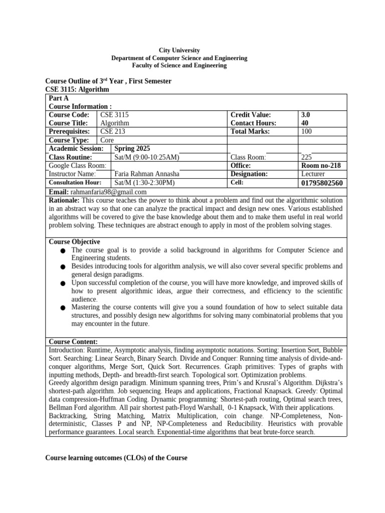 CSE 3115 (Course Outline) (New) | PDF | Computer Science | Algorithms