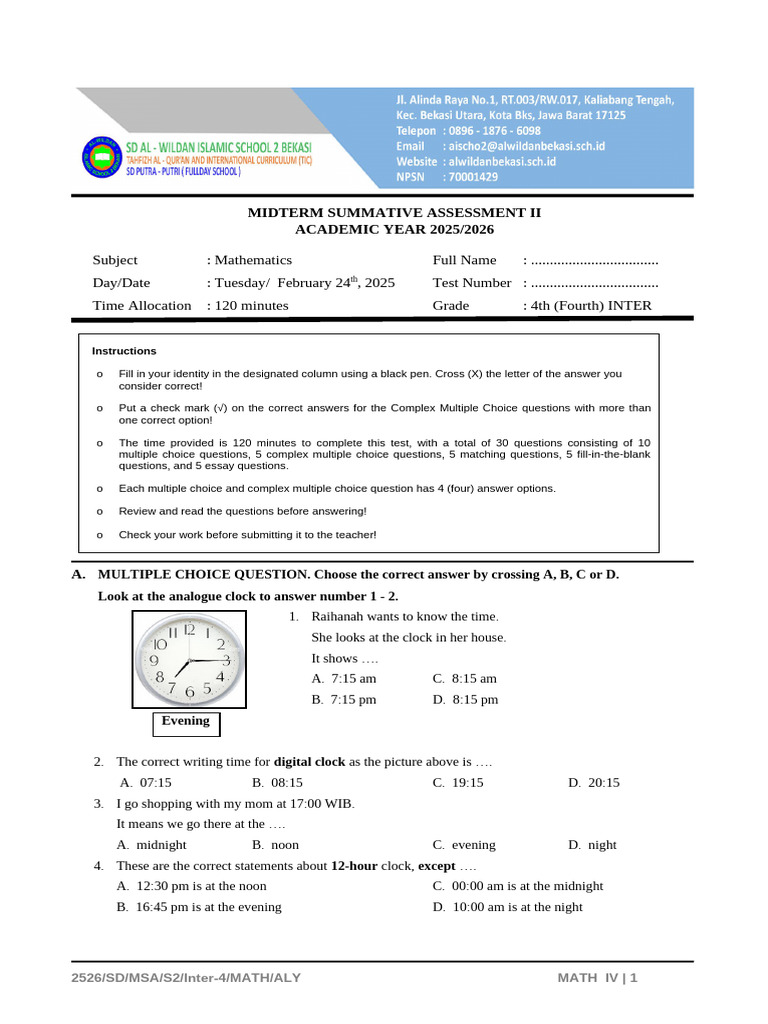 4b - Math Msa 2 A.Y. 2526 | PDF | Multiple Choice