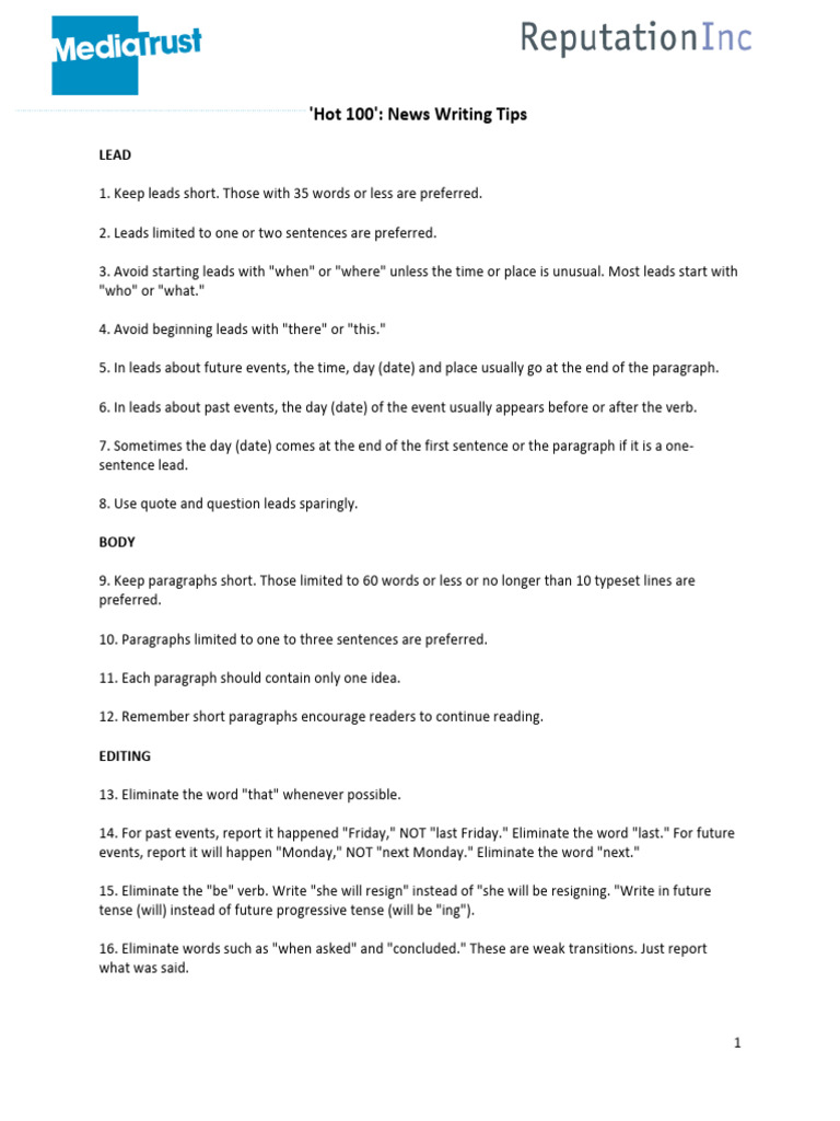 Hot 100 News Writing Tips | PDF | Verb | Linguistics