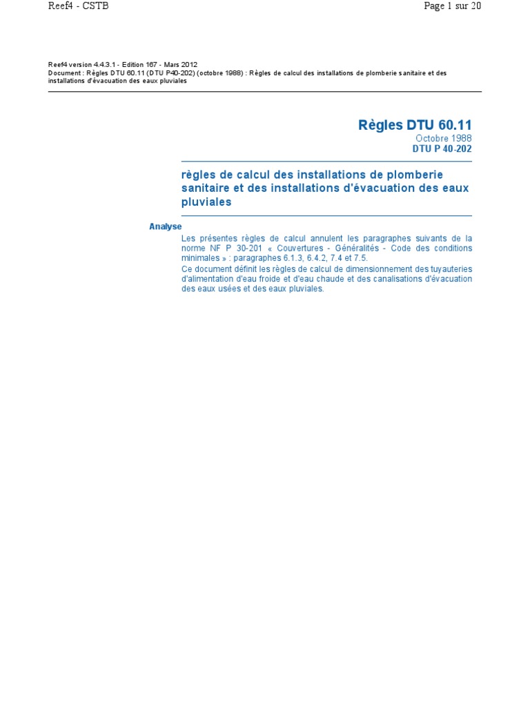 Dtu 60.11 P40-202 1988 PDF | PDF | Plomberie | Code de la construction ...