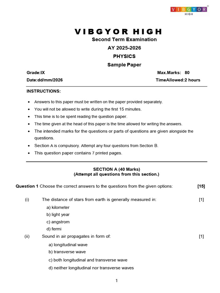 Physics Sample Paper | PDF | Waves | Force