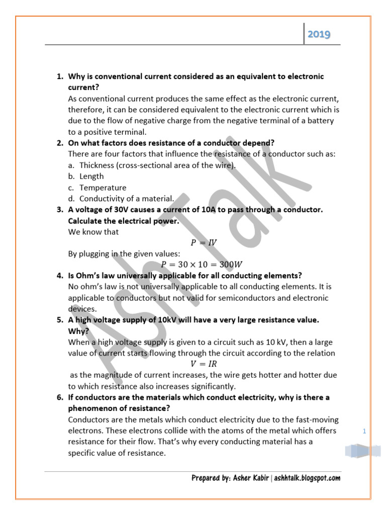 Physics Notes Class 10th Chapter 5 - AJK Board | PDF | Electrical ...