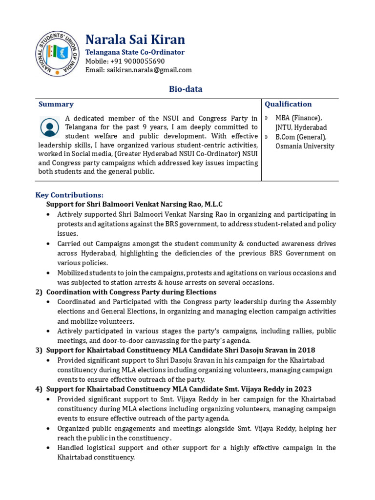 Narala Saikiran - Indian National Congress Portfolio | PDF | Indian ...