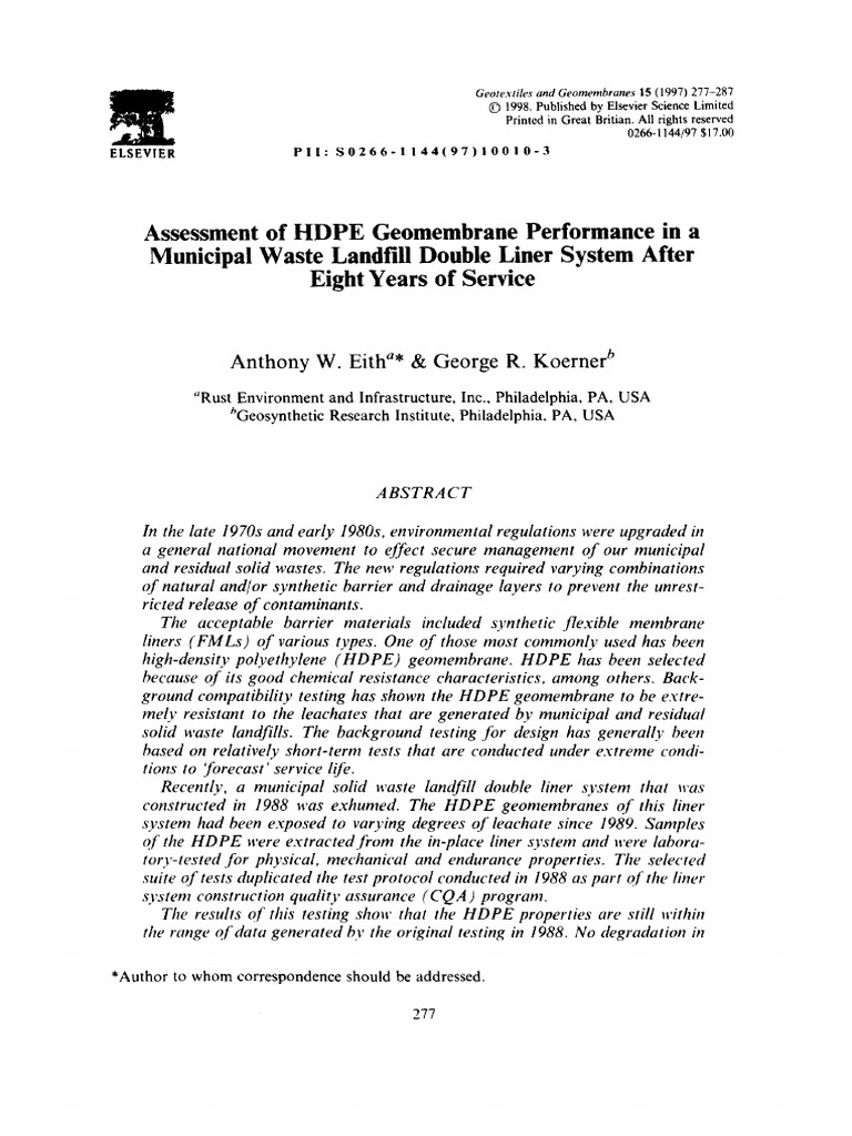 Assessment of HDPE Geomembrane Performance - Eith and Koerner (1997) | PDF