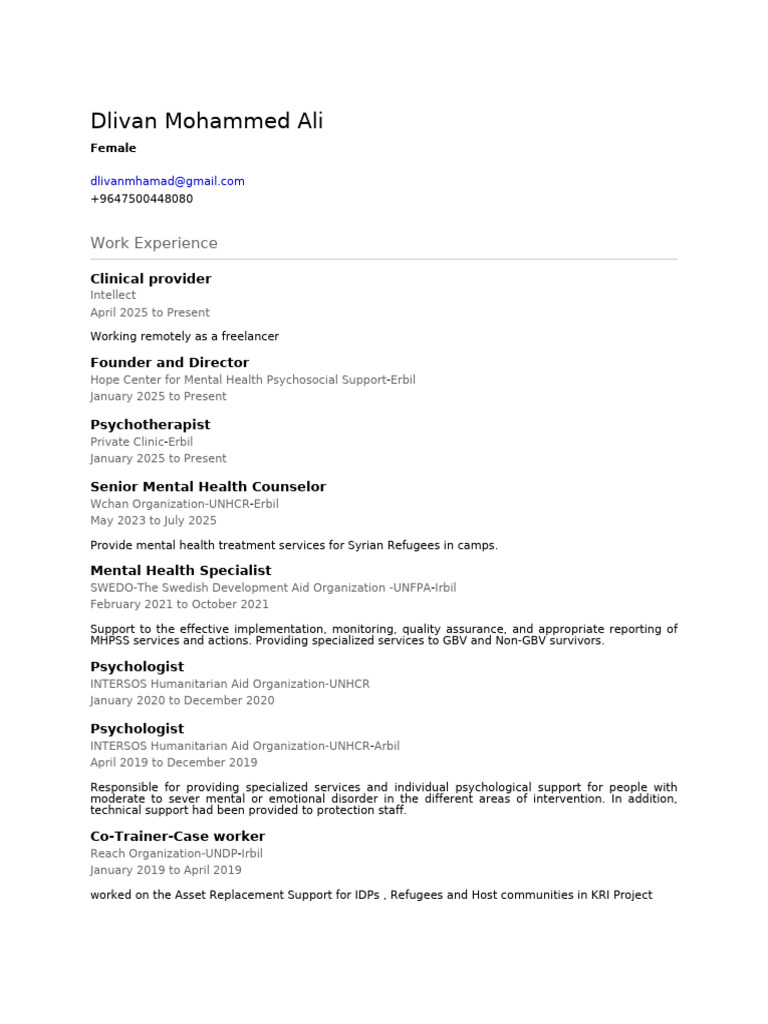 Dlivan Mohammed Ali: Work Experience | PDF | Cognitive Behavioral ...
