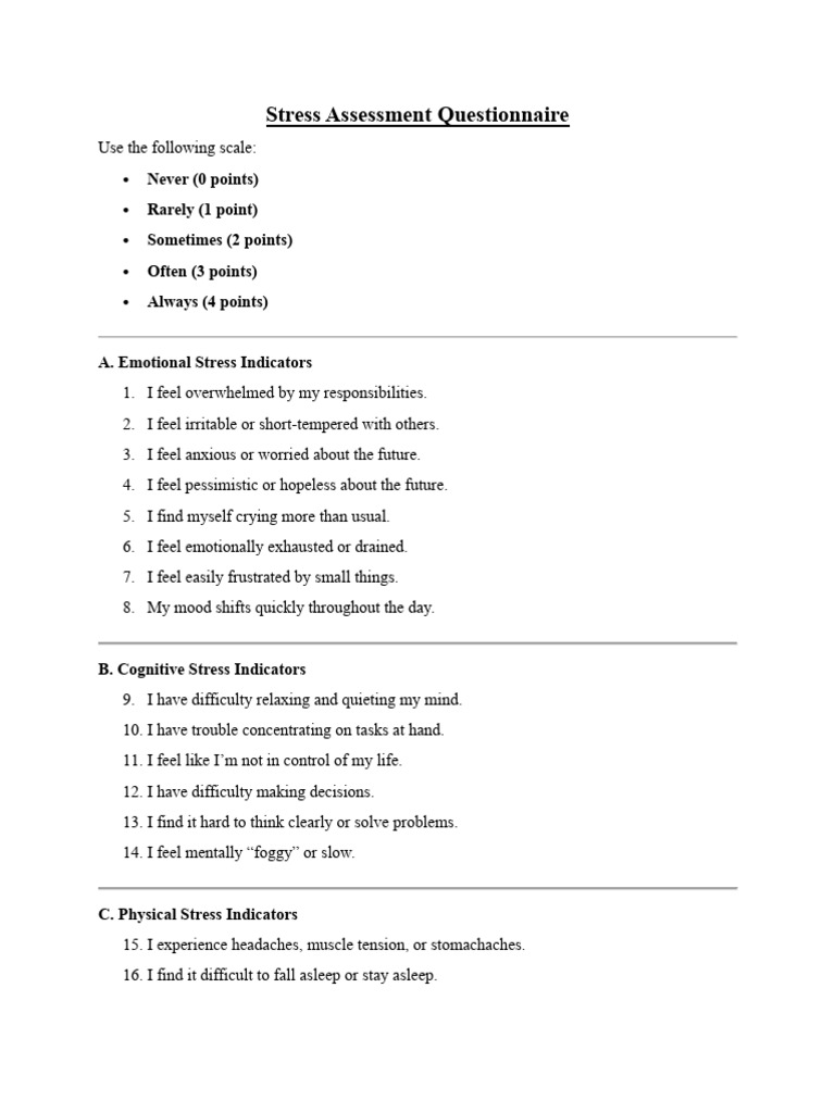 Stress Assessment Questionnaire (English) | PDF
