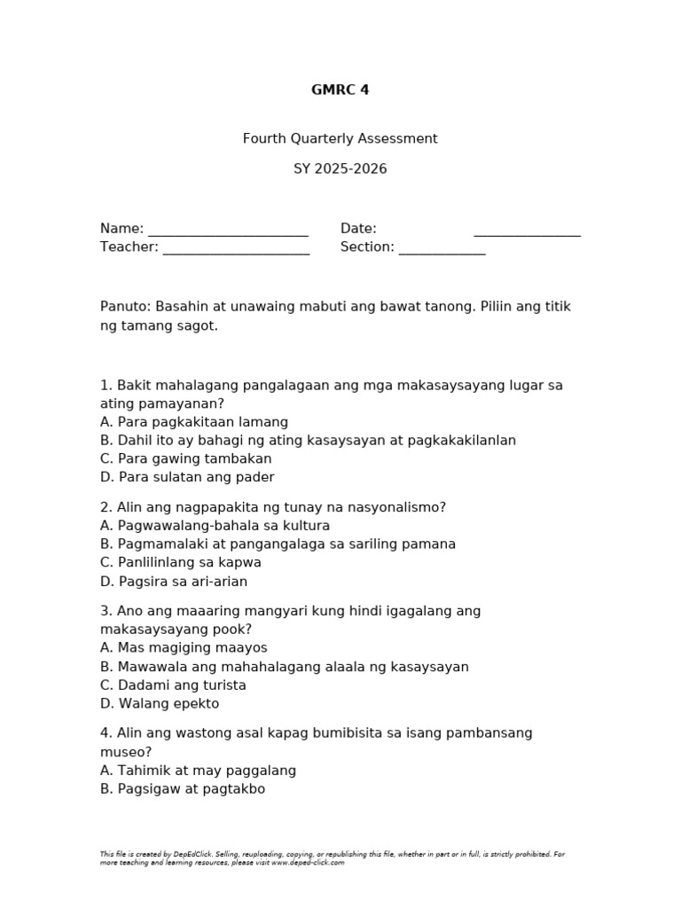 GMRC 4 Fourth Quarterly Assessment SY 2025-2026 DepEdClick | PDF