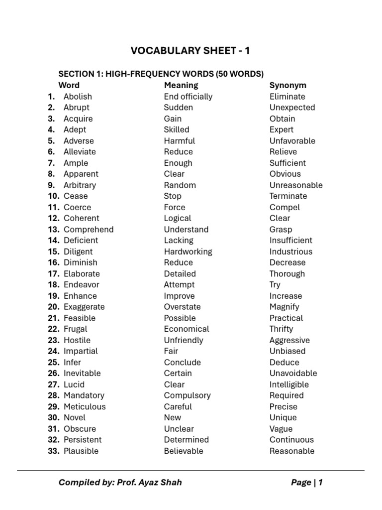 Vocabulary Sheet 1 | PDF