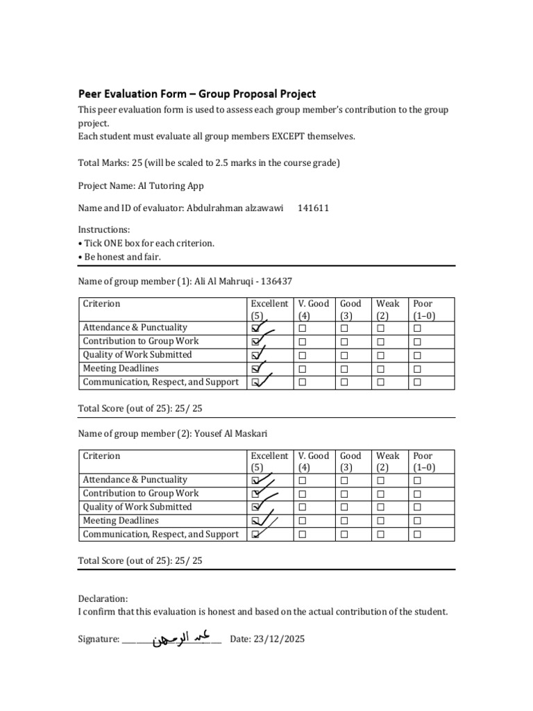 Peer Evaluation Form 25 Marks | PDF