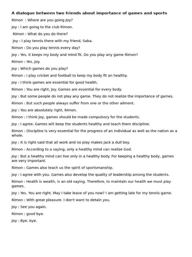 A Dialogue Between Two Friends About Importance of Games and Sports | PDF