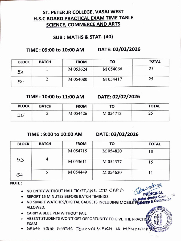 Maths Sci Practical Time Table | PDF