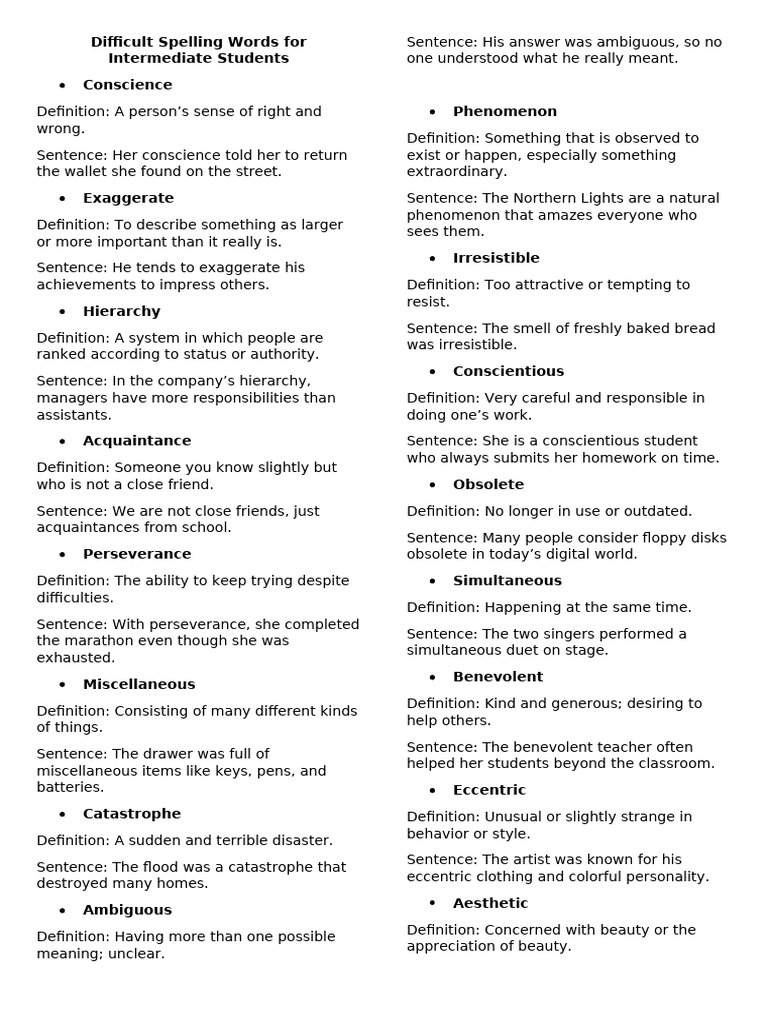 Difficult Spelling Words For Intermediate Students | PDF | Aesthetics