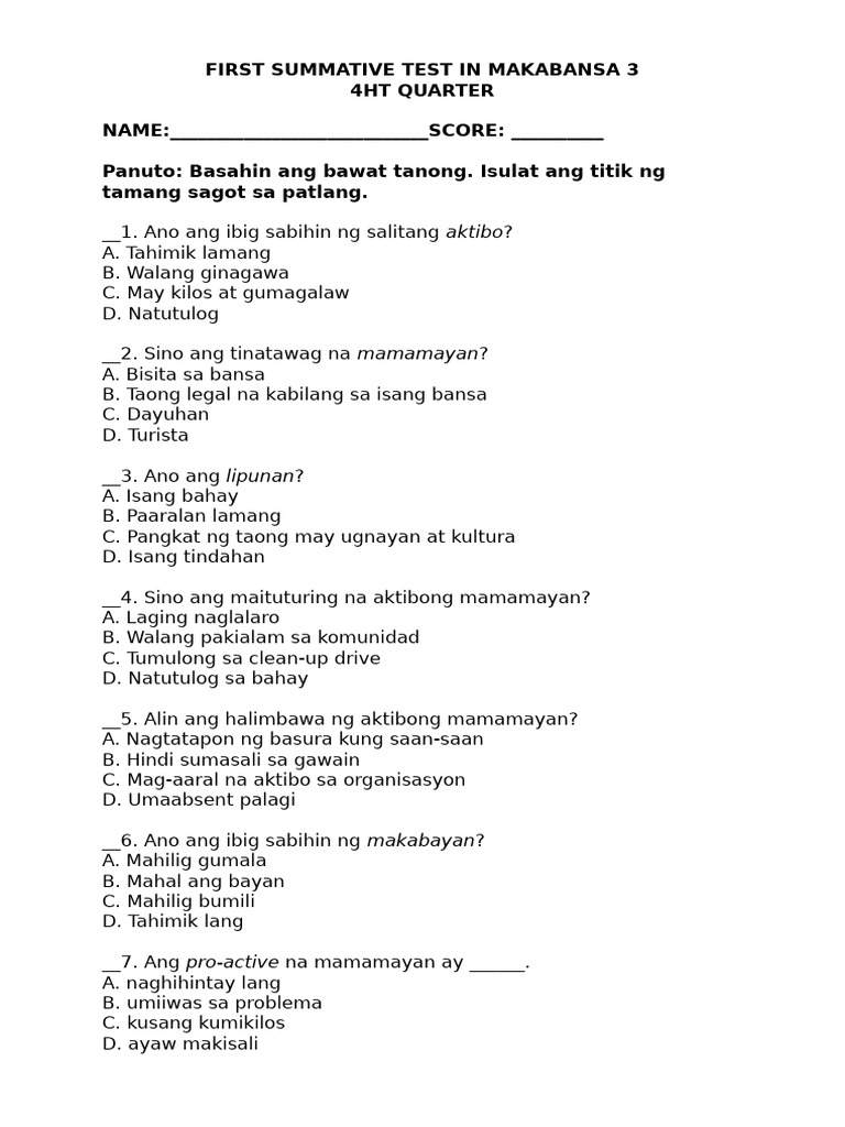 First Summative Test in Makabansa 3 | PDF