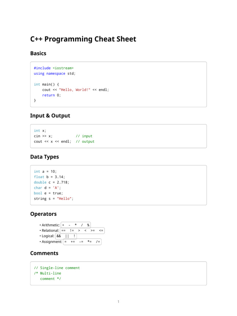 C++ Programming Cheat Sheet | PDF | Computer Programming | C++