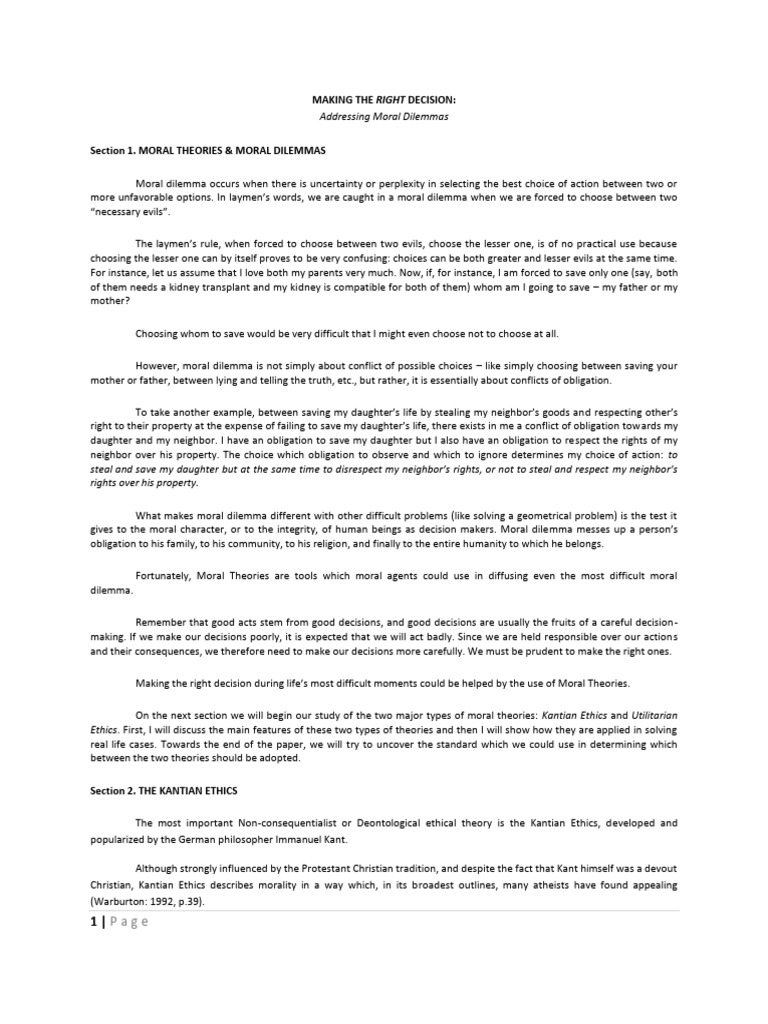Ethics Moral Dilemma Making The Right Decision | PDF | Utilitarianism ...