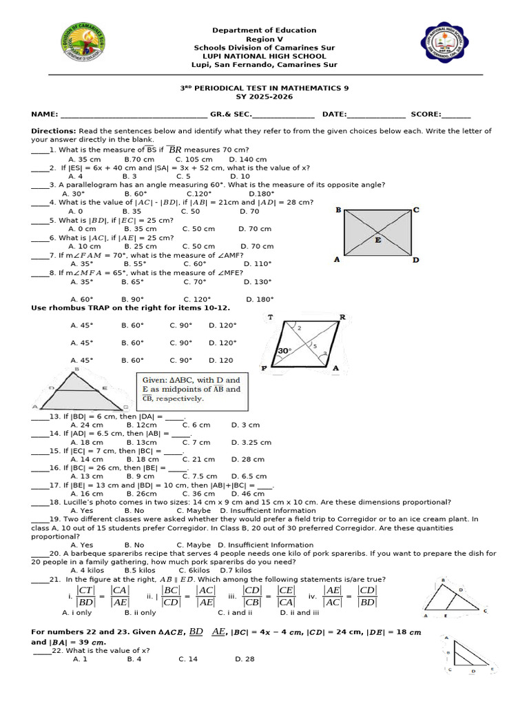 Math-3RD Quarter Examination | PDF