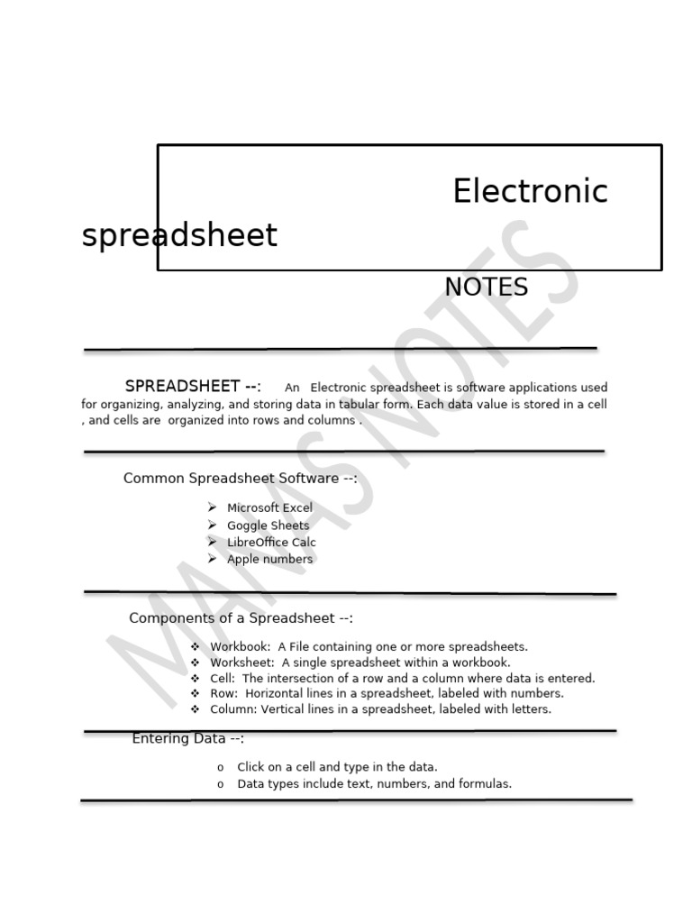 Electronic Spreadsheet Notes | PDF