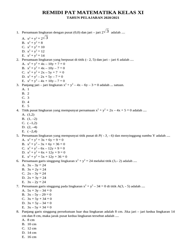 Remidi Pat MTK Kls Xi | PDF