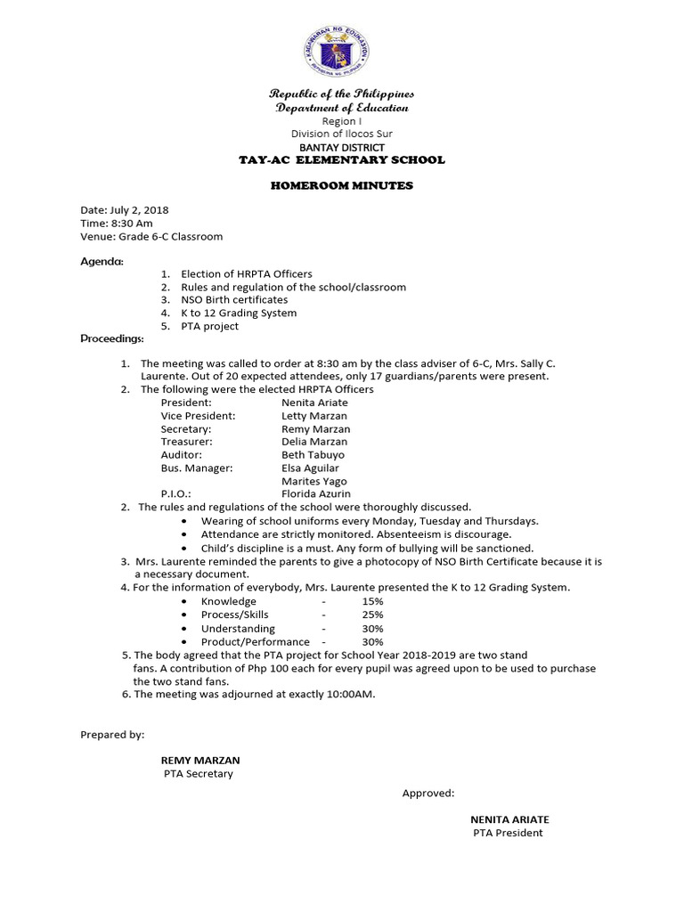 Minutes of Pta Meeting 4 PDF Free | PDF