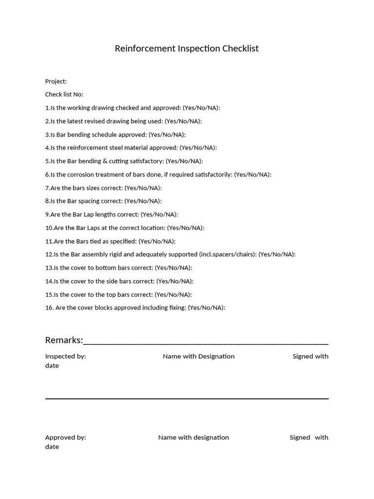 Reinforcement Inspection Checklist | PDF