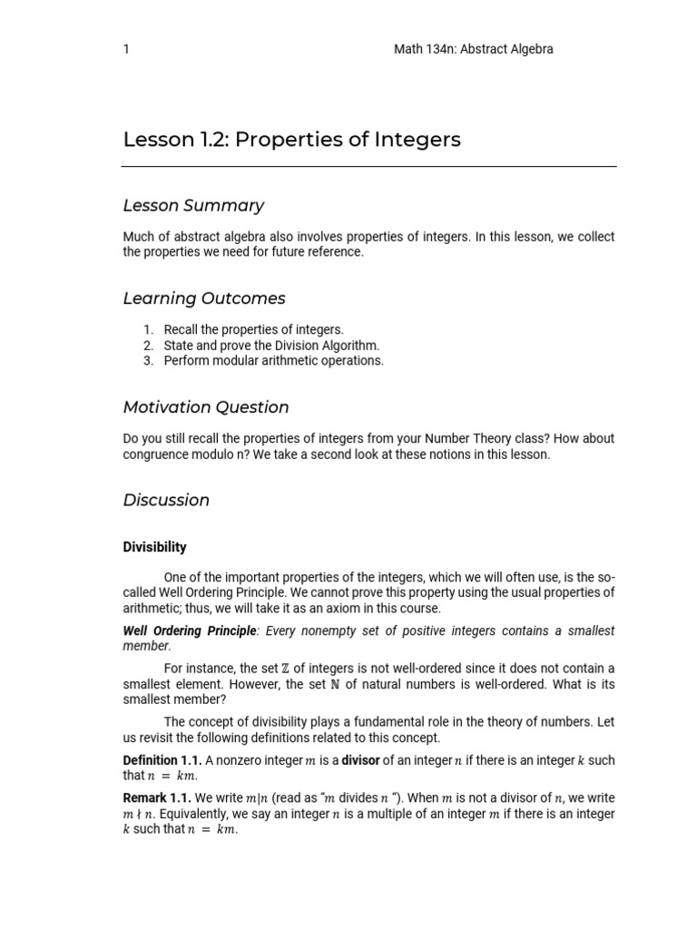 Lesson 1.2 (Abstract Algebra - Properties of Integers) | PDF | Integer ...