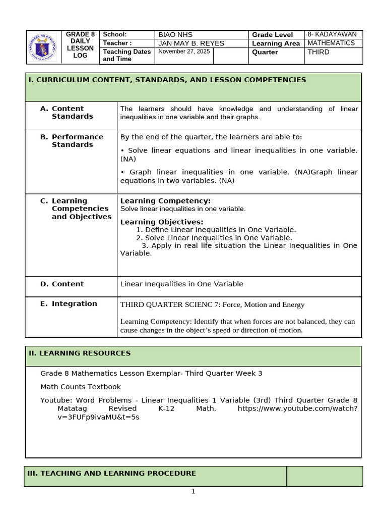 Q3 Cot 1 Math 8 2025-2026 | PDF | Inequality (Mathematics) | Equations