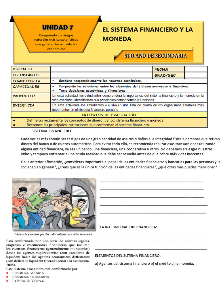 FICHA DE ACTIVIDAD SESIÓN 2 U7 CC.SS. 5° | PDF | Bancos | Dinero