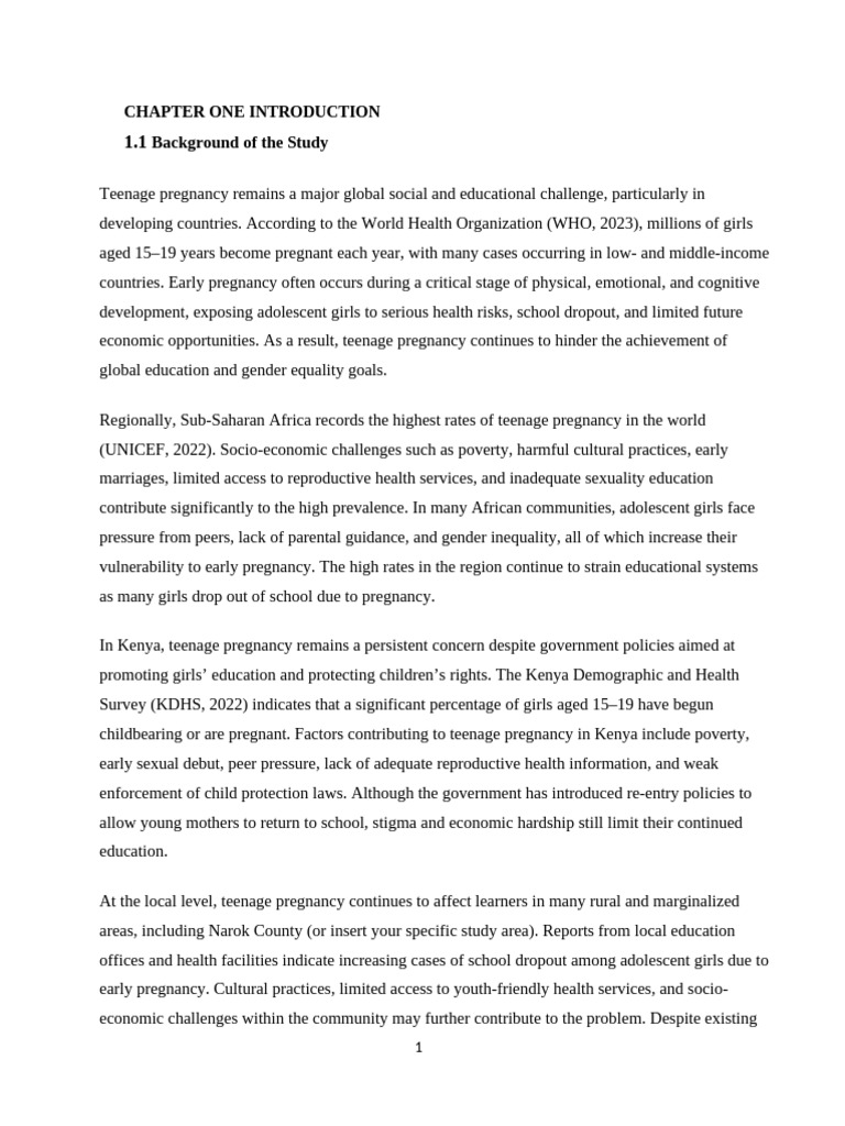 Chapter One Introduction | PDF | Teenage Pregnancy | Adolescence