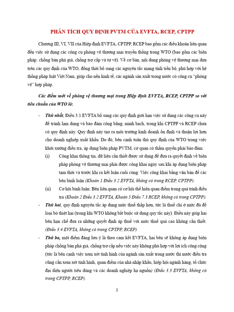 Phân Tích Quy Định Pvtm Của Evfta Rcep Cptpp | PDF