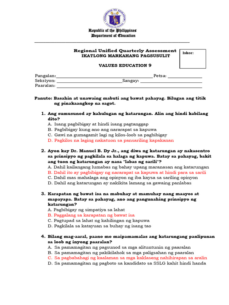 Grade 9 VE 3rd Q RUQA Answer Key | PDF