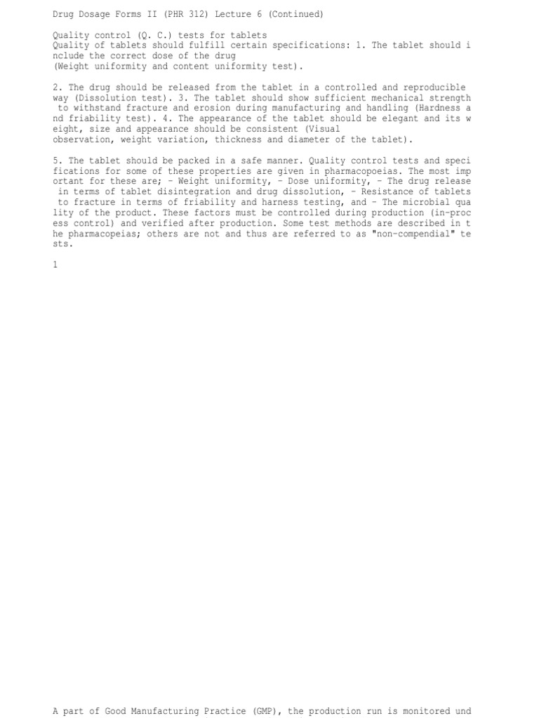Quality Control Tests Tablets Lecture 6 PDF Tablet (Pharmacy