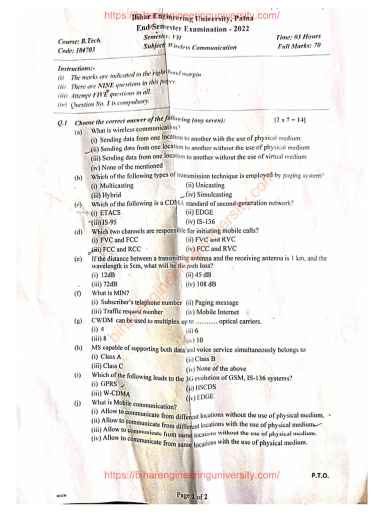 BEU PYQ 7 SEM ECE Wireless Communication 104703 2022 | PDF